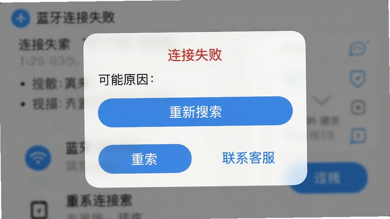 主体:手机截图展示“蓝牙连接失败”的提示弹窗,弹窗中带有“重新搜索”按钮和“联系客服”链接。布局:弹窗居中,背景模糊处理。排版:弹窗标题红色“连接失败”,下方列出可能原因。风格:系统原生弹窗样式,简洁。细节:按钮为蓝色圆角矩形。画质:超清,无广告。