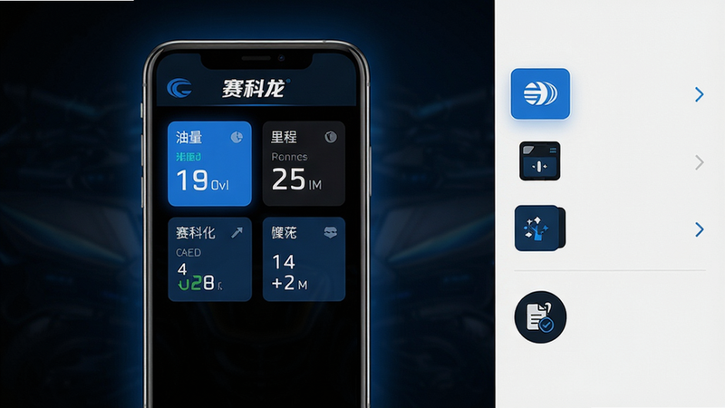 主体:赛科龙App主界面截图,展示车辆状态仪表盘与功能菜单。布局:居中展示手机屏幕,背景为深色渐变,手机界面显示“赛科龙”Logo、油量、里程、胎压等数据卡片。排版:左侧为竖屏手机模型,右侧简洁功能图标列表。风格:科技感、扁平化UI,蓝黑主色调。细节:手机屏幕上的数字和图标清晰可读,边缘有微光效。画质:4K高清,干净无多余元素。