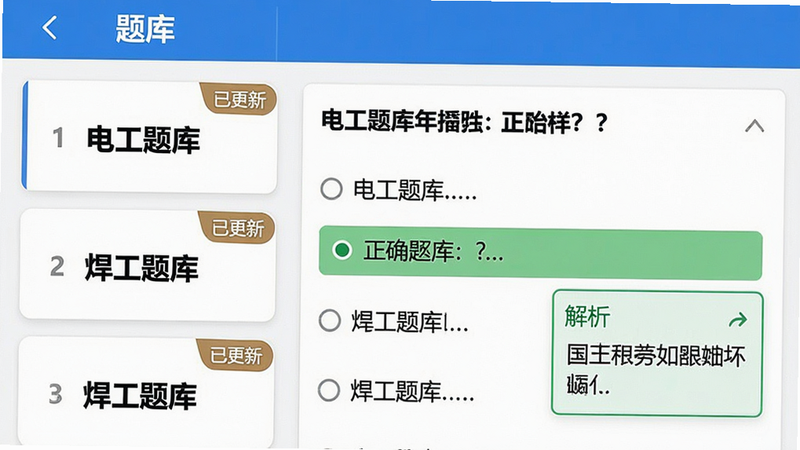 主体:一张题库界面截图,左侧列出“电工题库”“焊工题库”等分类卡片,右侧显示一道选择题及四个选项,正确选项高亮绿色并附解析框。布局:左右分栏,文字密集。排版:标题加粗,选项间距均匀。风格:教育类App常见样式,蓝色标题栏。细节:卡片右上角有“已更新”标记。画质:高清无噪点。