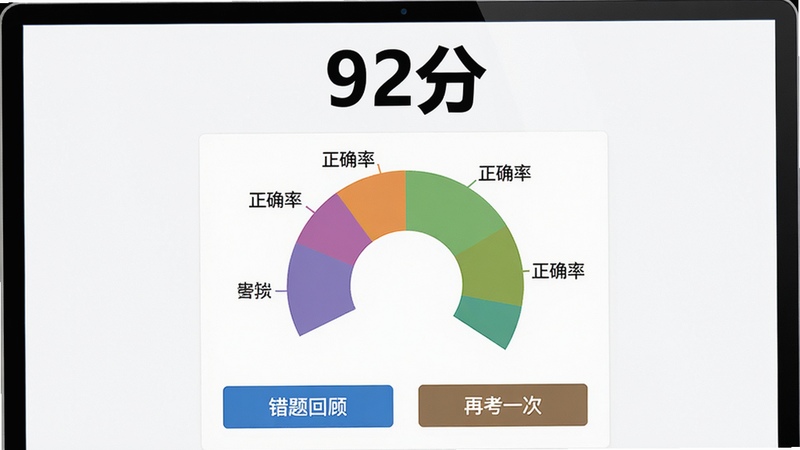 主体:模拟考试结束后的成绩报告页面,顶部显示总分“92分”,中部扇形图展示各章节正确率,底部列出“错题回顾”按钮和“再考一次”按钮。布局:顶部居中成绩,中部图表,底部双按钮。排版:数字大号加粗,图表色彩分明。风格:数据可视化,简约商务风。细节:扇形图分色对应章节名称。画质:4K干净。