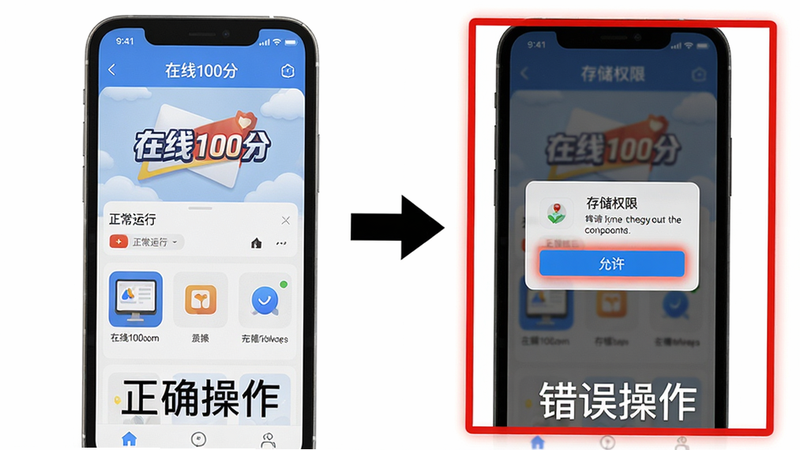 主体:两部手机并排展示,左边是正常运行的“在线100分”首页,右边是弹出“存储权限”申请对话框的截图,对话框内有“允许”按钮高亮。布局:左右对比,中间有箭头。排版:文字标注“正确操作”和“错误操作”。风格:教程式截图,简洁明了。细节:红色警示框包围右边图。画质:干净无杂物。