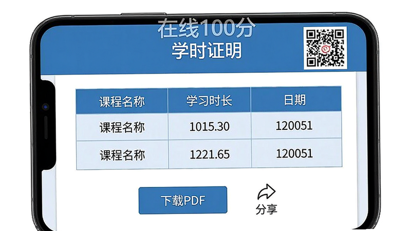 主体:手机屏幕显示“学时证明”页面,顶部有“在线100分”水印,中部表格列出课程名称、学习时长、日期,底部有“下载PDF”按钮和“分享”图标。布局:表格规整,按钮居中。排版:字体清晰,行高适中。风格:正式文档风格,蓝色调。细节:证明文件右上角有防伪二维码示例。画质:超清。