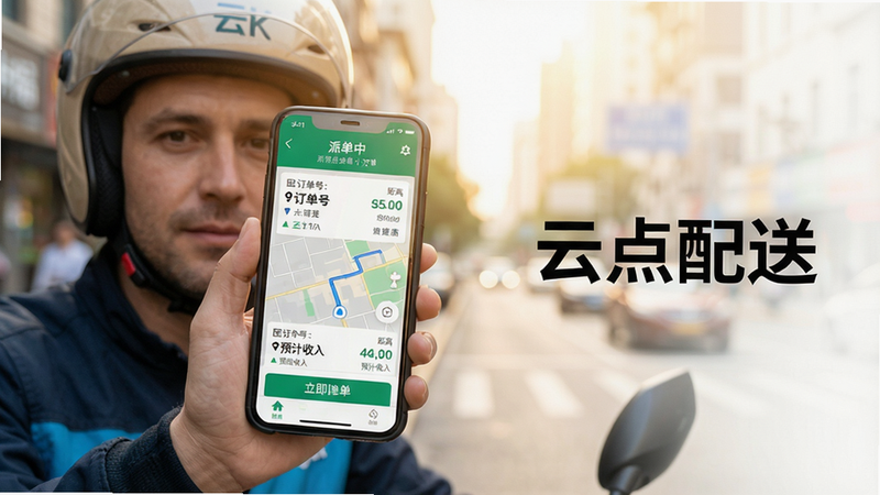 主体:一位骑手手持手机查看云点配送App界面,手机屏幕显示配送订单列表与导航地图。布局:骑手居于画面左侧三分之一处,手机屏幕正对镜头,右侧留白并写有“云点配送”字样。排版:手机屏幕上的UI元素清晰可见,包括订单号、距离、预计收入。风格:写实摄影风格,光线明亮温暖,背景为城市街道模糊。细节:骑手佩戴头盔,手机反光自然,屏幕文字“派单中”“立即抢单”清晰可读。画质:4K分辨率,干净无多余杂物,焦点集中在手机屏幕与骑手面部。