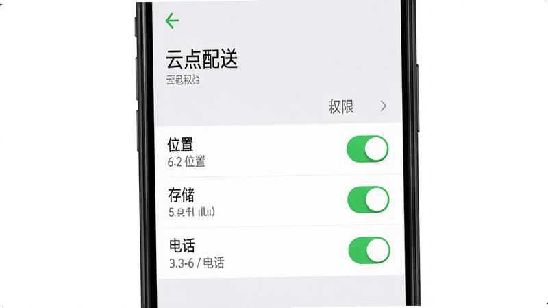 主体:手机设置界面,显示“云点配送”的应用权限列表,包括位置、存储、电话三项已开启。布局:手机屏幕居中,背景为纯白色。排版:权限开关以列表形式显示,每个权限后有一个绿色滑块表示开启。风格:手机系统设置截屏风格,简洁清晰。细节:应用名称“云点配送”在顶部,权限分类明确。画质:高清无噪点,文字锐利。