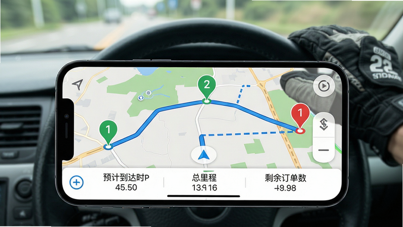 主体:手机横屏导航界面,地图上显示三个目的地的标记点,并用不同颜色连线。布局:手机作为前景,背景为模糊的驾驶照片或骑行手套。排版:地图下方有预计到达时间、总里程数、剩余订单数。风格:导航软件常见风格,蓝色路线、绿色起点、红色终点。细节:标记点上有数字编号,路线实线表示已规划,虚线表示可选。画质:精细,地图文字清晰,无多余装饰元素。