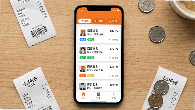 主体:手机屏幕展示云点配送的订单列表界面,上部有“待接单”“配送中”“已完成”三个标签。布局:手机居中,背景为简洁木质桌面,手机周围有零散的小票和硬币。排版:订单列表使用卡片式设计,每张卡片包含商家名、地址、距离、收入,并用彩色标签区分订单状态。风格:平面UI截图风格,色彩明快,主色为橙色与白色。细节:卡片之间的间距均匀,底部导航栏有“首页”“订单”“我的”图标。画质:高清,边缘锐利,无多余阴影或反光。