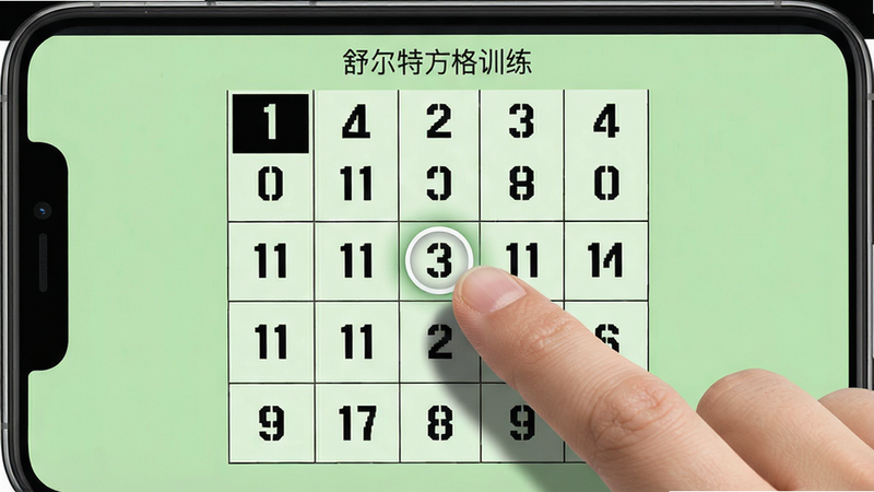 一张手机界面截图,主体为舒尔特方格训练的训练进行中页面,布局中央是一个5x5数字方格,用户正在点击数字“3”,手指悬浮在方格上方,背景为浅绿色,风格写实,细节包括手指阴影和数字点击后的高亮效果,画质高清干净,无多余元素,软件名称“舒尔特方格训练”显示在顶部状态栏下方。