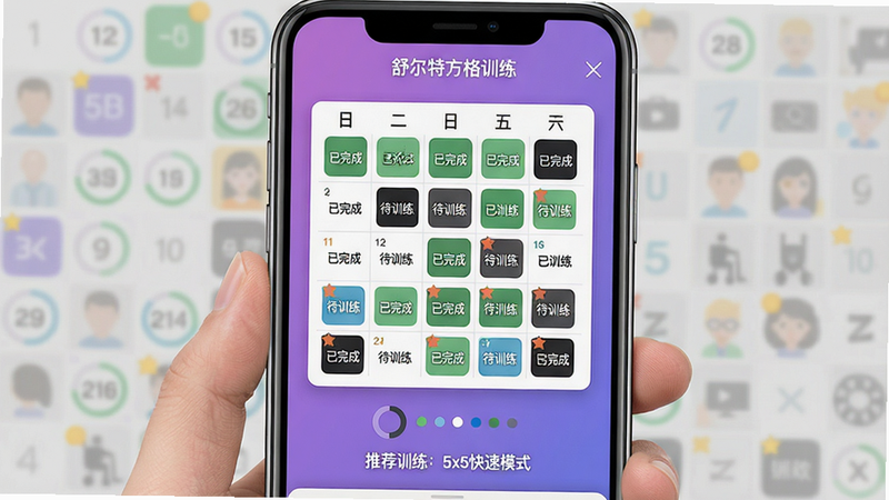 一张手机界面截图,主体为舒尔特方格训练的训练计划页面,布局中央显示一个日历视图,每天有“已完成”或“待训练”标记,下方有“推荐训练:5x5快速模式”提示,背景为渐变紫色,风格清新,细节包括进度圆点和提醒标记,画质干净无多余元素,软件名称“舒尔特方格训练”显示在顶部标题栏。