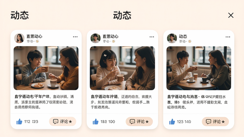 展示处CP动态社区页面,顶部有“动态”标题,下方有用户发布的图文卡片,包含照片和文字描述,底部有点赞和评论按钮,整体布局整齐,色调柔和,画质清晰