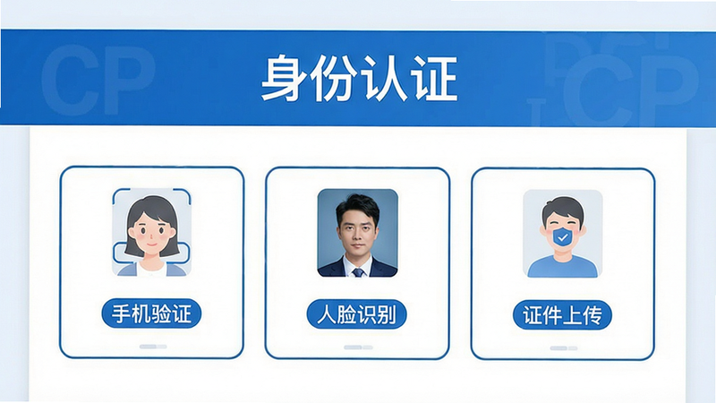 展示处CP身份认证页面,上方有“身份认证”标题,下方有手机验证、人脸识别、证件上传三个选项,界面简洁,颜色以蓝色和白色为主,画质高清,无多余元素