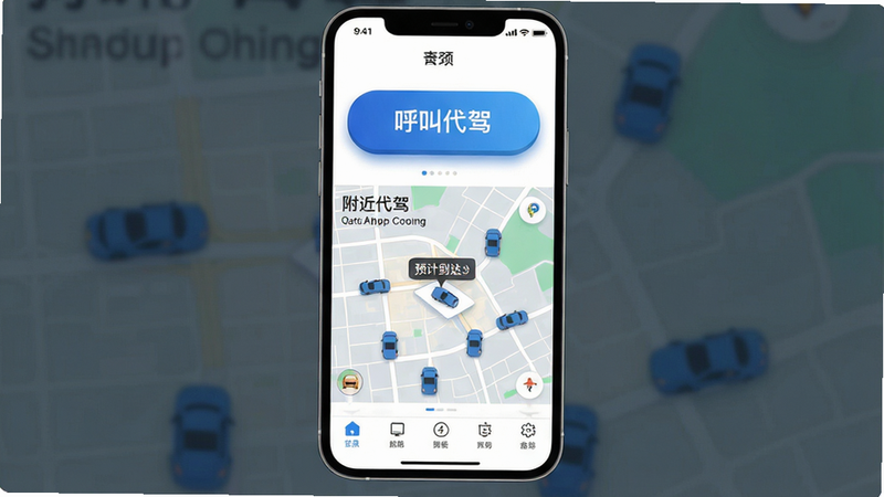 主体:超级代驾app主界面,布局:上方显示“呼叫代驾”大按钮,中间是地图区域显示附近司机位置和预计到达时间,底部为菜单栏。排版:居中对称,按钮醒目。风格:扁平化设计,蓝白配色,简洁现代。细节:按钮有渐变阴影,地图上有小车图标,界面干净无多余文字。画质:高清,无噪点。