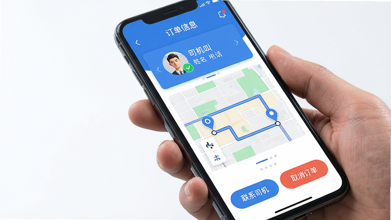 主体:手机屏幕显示超级代驾叫车成功页面,布局:顶部为订单信息(司机头像、姓名、电话),中间是地图路线预览,底部有“联系司机”、“取消订单”按钮。排版:信息层级清晰,卡片式设计。风格:现代简约,蓝色主调。细节:地图上标注起点和终点,司机头像有绿色对勾标志。画质:高清,无多余元素。