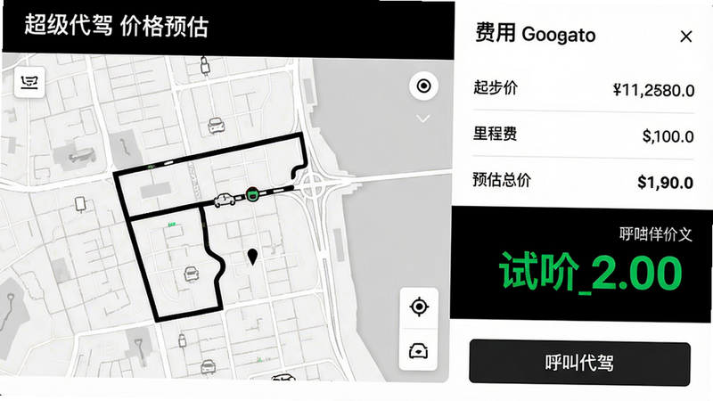 主体:超级代驾价格预估页面,布局:左侧为路线地图,右侧为费用明细列表(起步价、里程费、预估总价)。排版:左右分栏,清晰对比。风格:商务简洁,黑白色调。细节:总价用大号绿字显示,下方有“呼叫代驾”按钮。画质:高清,无多余元素。