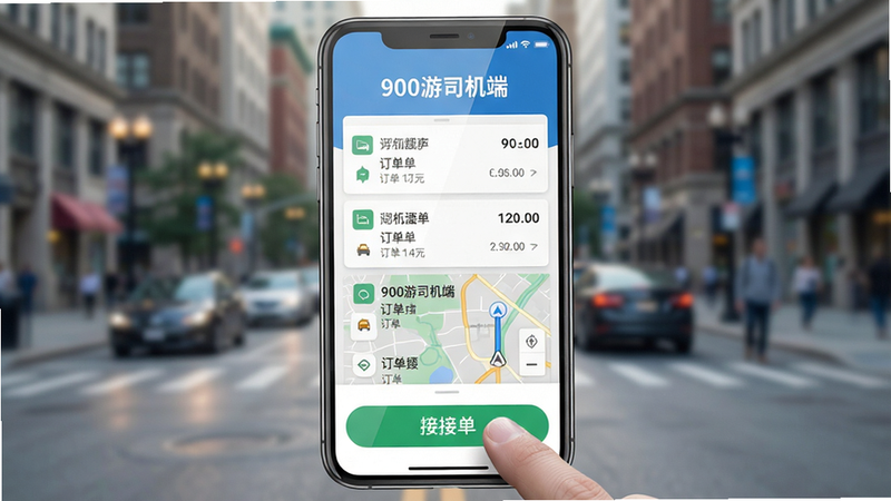主体:一部智能手机屏幕显示900游司机端主界面,顶部有“900游司机端”字样,中部展示订单列表与导航地图,底部有接单按钮。布局:手机居中,背景为模糊的城市街景。排版:界面元素清晰,文字易读。风格:扁平化、现代、明亮色调。细节:屏幕反光效果,手指正在点击接单按钮。画质:4K超清,干净无多余元素。
