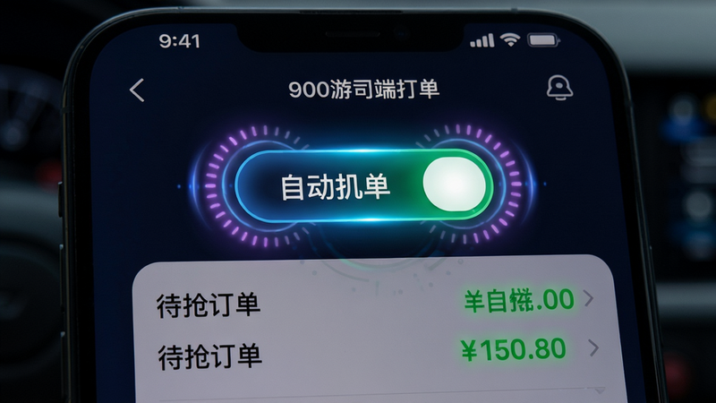 主体:手机特写,900游司机端抢单界面,有一个醒目的“自动抢单”开关按钮,下方列出待抢订单。布局:手机横屏或竖屏居中。排版:按钮发光效果,订单价格用绿色突出。风格:科技感、动态光效。细节:按钮处于开启状态,周围有脉冲光晕。画质:超清,无多余元素。