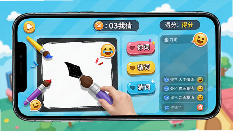 展示处CP的互动游戏界面,手机屏幕上显示“你画我猜”游戏画面,左侧是玩家画笔区域,右侧是猜词按钮和聊天记录,顶部有倒计时和得分。布局为横屏模式,色彩明亮活泼,风格卡通,细节包括彩色画笔和表情包,画质高清。
