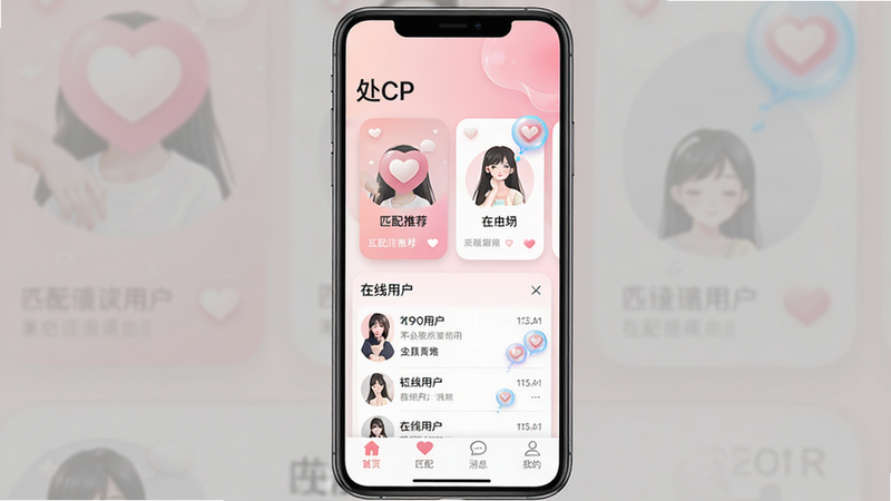主体是处CP软件在手机上的主界面截图,布局为竖屏显示,顶部有软件名称“处CP”字样,中部展示匹配推荐卡片和在线用户列表,底部导航栏包含“首页”“匹配”“消息”“我的”四个按钮。排版整洁,卡片使用圆角设计,背景为柔和渐变粉色,风格清新浪漫,细节包括心形图标和动态气泡,画质高清,干净无多余元素。