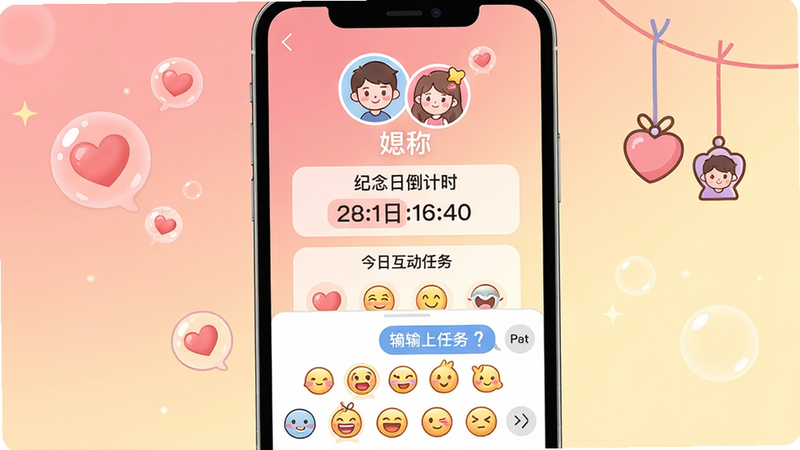 展示处CP情侣空间界面,手机屏幕分为上下两部分,上部为情侣头像和昵称,中间显示“纪念日倒计时”和“今日互动任务”,下部为聊天输入框和卡通表情列表。布局清晰,背景为暖色调粉色与淡黄色渐变,风格可爱温馨,细节包括爱心气泡和情侣挂件,画质干净。