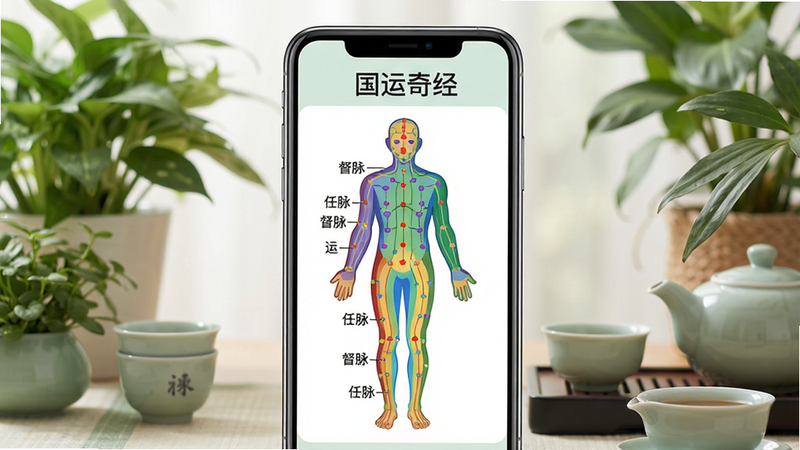 一幅展现国运奇经APP核心功能的场景图,主体为手机屏幕界面,屏幕中央显示彩色人体经络图谱,标注“任脉”“督脉”等字样,背景柔和,周围环绕绿色植物与养生茶具,布局居中,排版干净,扁平化风格,细节清晰,画质高,无多余元素,画面文字包含“国运奇经”四个字。