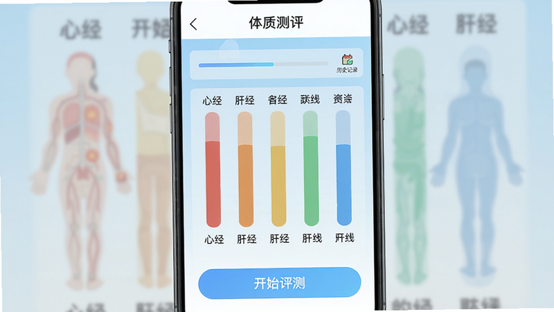 国运奇经APP内智能经络测评功能的预览截图,主体为手机竖屏界面,上方显示“体质测评”标题,中间有五大能量柱状图分别标注“心经”“肝经”等,下方是“开始评测”按钮,布局规整,背景为浅蓝色渐变,扁平化设计,细节包含进度条和历史记录图标,画质清晰,无多余元素。