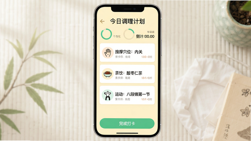 国运奇经APP个性化调理方案展示界面,主体为手机竖屏,上方显示“今日调理计划”,中部用卡片式布局列出“按摩穴位:内关”“茶饮:酸枣仁茶”“运动:八段锦第一节”,每张卡片有对应小图标,底部有“完成打卡”按钮,背景为淡黄色护眼模式,风格清新,细节包含进度环和倒计时,画质干净。