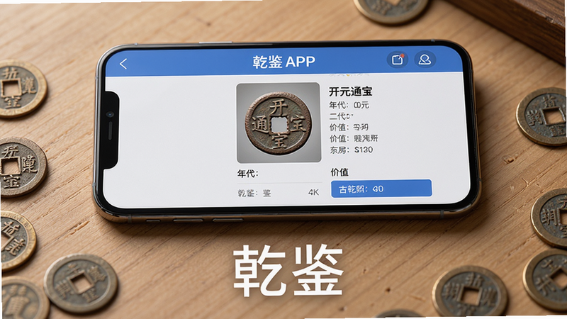 主体:乾鉴APP界面,展示古钱币拍照识别过程,手机屏幕显示一枚