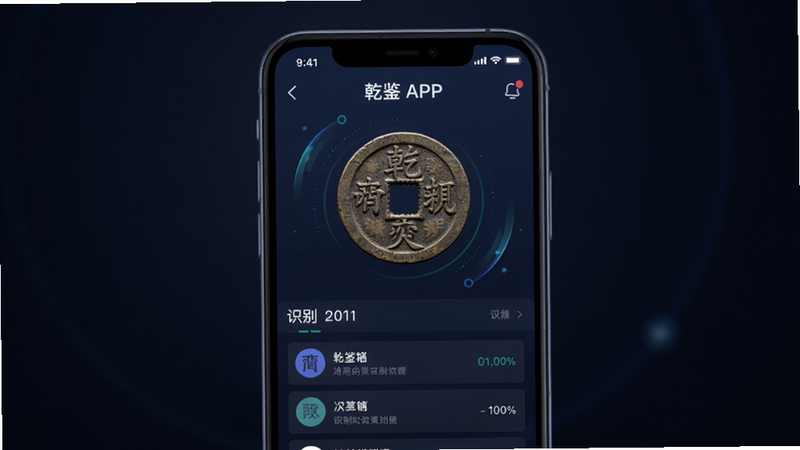 主体:乾鉴APP的智能识别功能界面,手机屏幕显示一枚古钱币的识别结果详情页。布局:手机特写,屏幕居中,背景为深色渐变突出显示。排版:屏幕内包含钱币图片、文字信息列表。风格:科技感UI设计,扁平化搭配微动效。画质:高清,色彩鲜艳,无多余元素。
