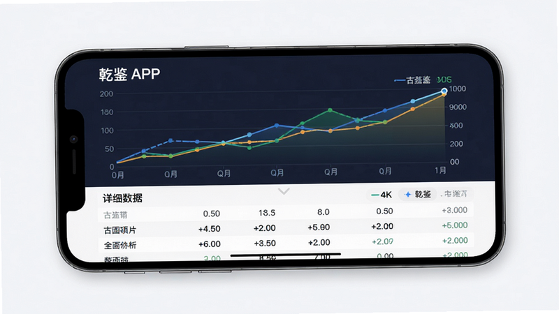 主体:乾鉴APP的市场行情页面,显示一枚古钱币的价格走势图表。布局:手机横屏或竖屏,上半部分为折线图,下半部分为详细数据列表。排版:图表清晰,数据标注准确。风格:商务数据可视化风格,色彩搭配专业。画质:4K,干净,无多余元素。
