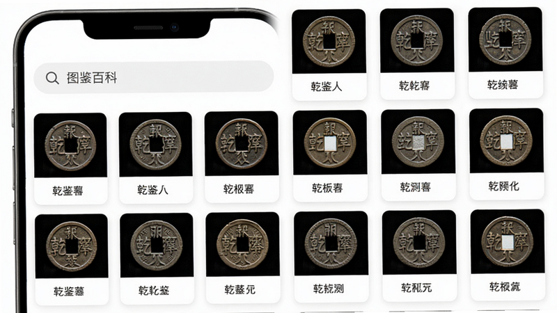 主体:乾鉴APP的图鉴百科页面,展示一系列古钱币缩略图网格。布局:手机竖屏,顶部有搜索栏,下方网格排列钱币图片。排版:卡片式布局,每个卡片有缩略图和名称。风格:简洁干净,信息可视化。画质:高清,光影自然。