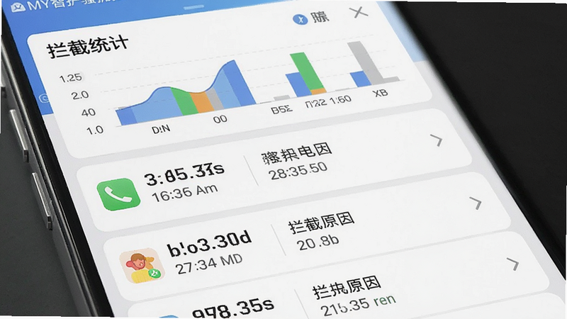 展示MY智护骚扰拦截界面的手机屏幕截图,列表显示多条被拦截的骚扰电话记录,每条记录包含号码、时间、拦截原因,顶部有“拦截统计”图表,背景为白色,卡片式设计,画质高清