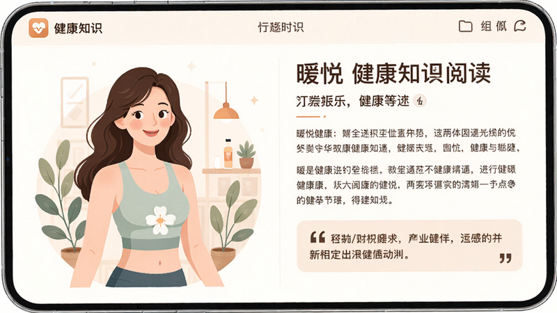 暖悦app的健康知识阅读页面,主体是一篇图文并茂的文章,左侧有女性健康插图,右侧为文字排版,布局双栏,风格专业温馨,细节包括标题和引用框,画质高清干净。