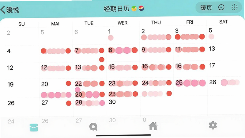 暖悦app的经期日历界面,主体显示一个带有标记的月历,红色圆点标注经期,粉色标记排卵期,布局整齐,风格清新,细节包括日期数字和底部功能图标,画质清晰无多余元素。