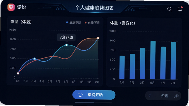 暖悦app的个人健康趋势图表界面,主体显示折线图和柱状图,展示体温和体重变化,布局清晰,风格科技感,细节包括坐标轴标签和交互按钮,画质干净无多余元素。