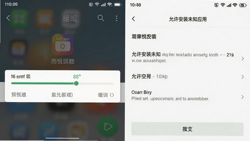 暖悦app的安装界面截图,主体显示手机屏幕上的安装进度条和“允许安装未知应用”的设置页,布局分上下两部分,风格真实系统界面,细节包括按钮文字和状态栏,画质高清干净。