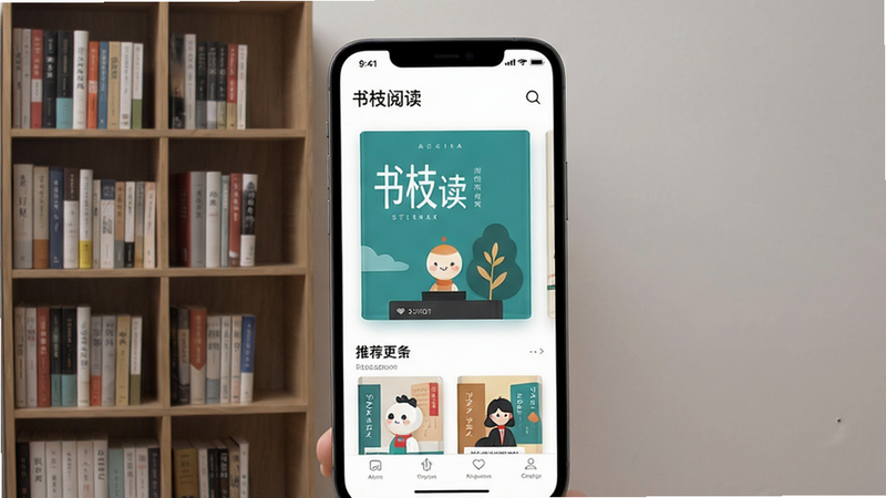 书枝阅读app主界面展示,书架与推荐页布局,风格简约现代,封面清晰,画质高清,无多余元素