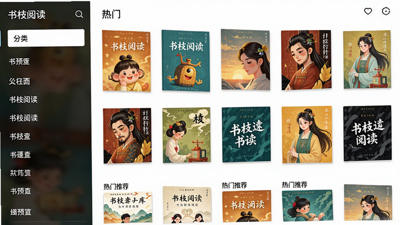 书枝阅读海量书库预览图,展示分类列表与热门推荐,排版整齐,封面错落有致,色彩鲜明,画质细腻,无多余元素