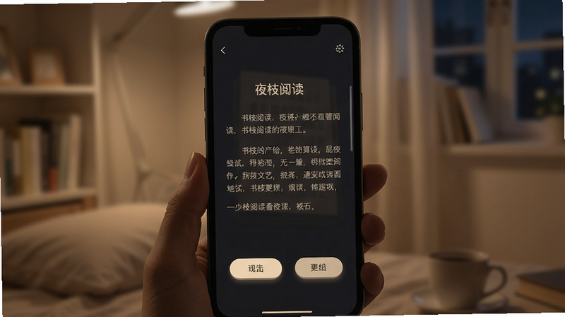书枝阅读阅读界面展示,夜间模式下的文字排版,字体清晰,背景柔和,翻页按钮简洁,画质高清,无多余元素
