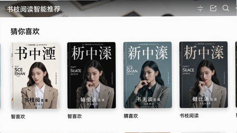 书枝阅读智能推荐界面截图,显示'猜你喜欢'栏目,书籍封面横向滚动,布局美观,风格时尚,画质清晰,无多余元素