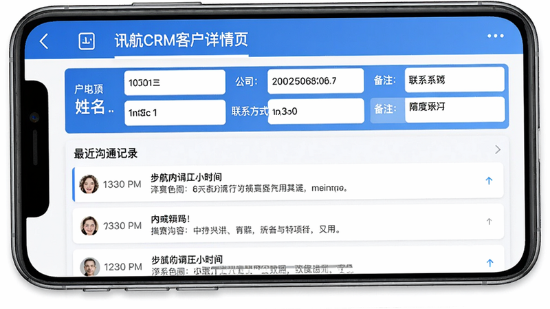 讯航CRM客户详情页手机截图,显示客户姓名、公司、联系方式、备注等字段,下方为最近沟通记录列表,每项包含时间和内容摘要,界面采用卡片式布局,蓝白配色,信息层级清晰,画质高清