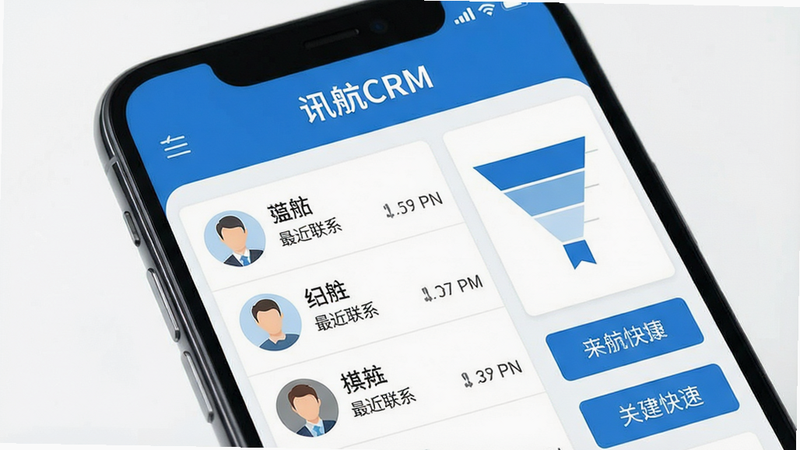 一张智能手机屏幕展示讯航CRM主界面,顶部居中显示‘讯航CRM’字样,下方为扁平化设计的客户列表,列表项包含客户头像、姓名和最近联系时间,右侧有销售漏斗图表与快捷操作按钮,整体蓝白配色,界面干净整洁,画质高清,无多余元素