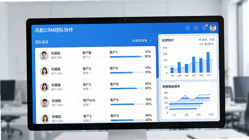 讯航CRM团队协作界面,显示团队成员列表、每人名下客户数量及业绩排行,右侧有数据报表图表,界面采用清爽的蓝白配色,干净整洁,画质高清