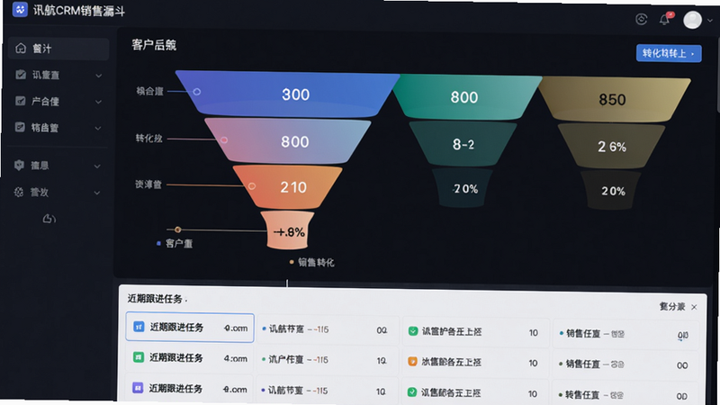 讯航CRM销售漏斗界面,显示四阶段漏斗图,每阶段标注客户数量与转化百分比,下方有近期跟进任务列表,界面采用深色或浅色主题,图表使用彩色渐变,整体设计专业简洁,画质高清
