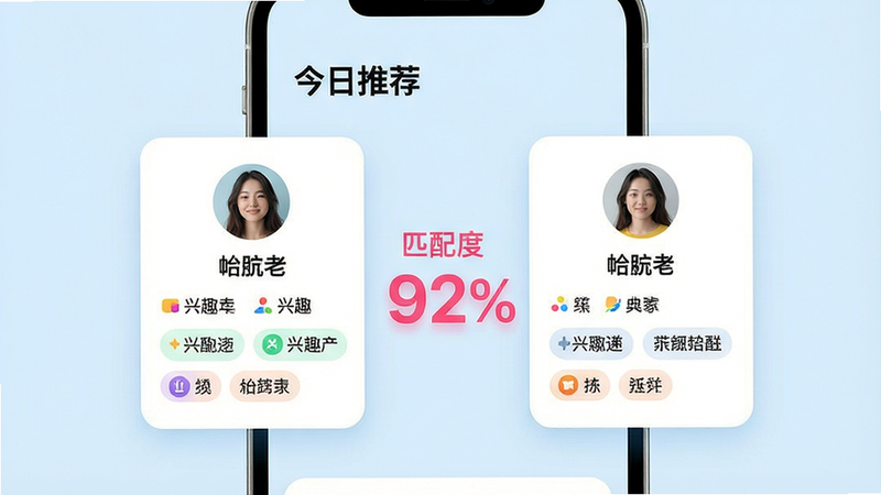 主体:手机屏幕展示智能匹配页面,显示两个用户资料卡,中间有“匹配度92%”文字;布局:手机居中,两张卡片并排,上方有“今日推荐”标题;排版:卡片内包含头像、昵称、兴趣标签列表;风格:清爽科技感,背景浅蓝,卡片白色带圆角;细节:匹配度数字用粉色高亮,兴趣标签有彩色小图标;画质:高清,干净,无多余元素