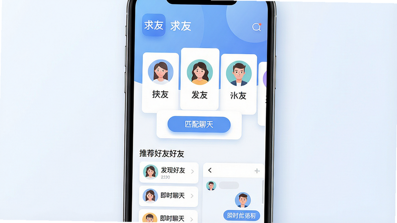 主体:手机屏幕展示“求友”主界面,中央有多个用户头像卡片和匹配按钮;布局:手机居中,界面清晰显示“求友”App图标和名称,下方有推荐好友列表和聊天窗口;排版:干净简洁,以卡片式布局排列,文字“发现好友”“即时聊天”突出显示;风格:现代扁平化,色彩柔和,以蓝色和白色为主调;细节:界面上的按钮有轻微阴影,头像圆形,背景有渐变效果;画质:高清,干净,无多余元素