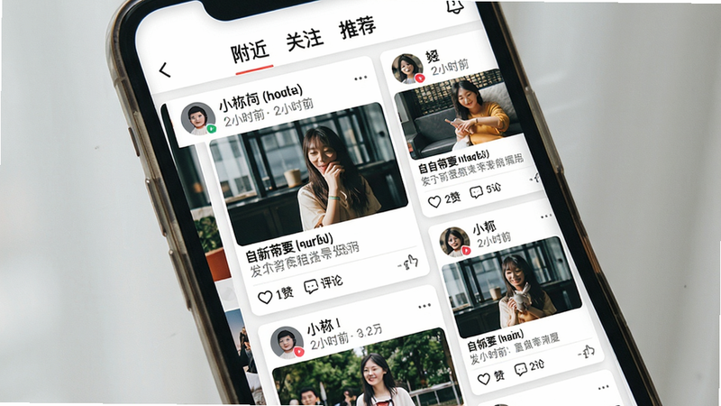 主体:手机屏幕展示动态广场页面,瀑布流显示用户发布的图文内容;布局:顶部有“附近”“关注”“推荐”选项卡,下方是卡片式动态;排版:每张卡片包含用户头像、昵称、发布时间、图片和文字内容;风格:小红书式简洁设计,白色背景,图片占比较大;细节:点赞和评论按钮在卡片下方,数字清晰;画质:高清,干净,无多余元素