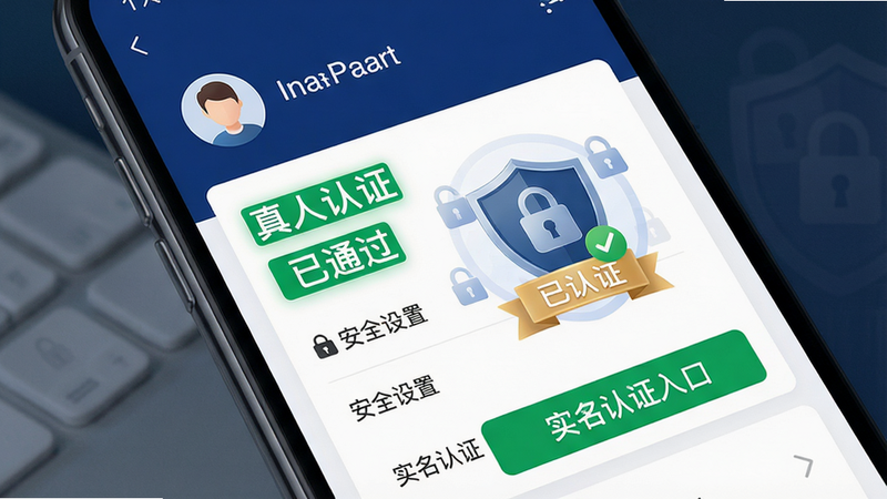 主体:手机屏幕显示个人中心页面,突出显示“已认证”徽章和实名认证入口;布局:页面顶部是用户头像和昵称,下方有认证状态、安全设置列表;排版:文字“真人认证”“已通过”用绿色高亮;风格:简洁安全风格,主色深蓝;细节:徽章为盾牌图标,背景有加密锁图案;画质:高清,干净,无多余元素