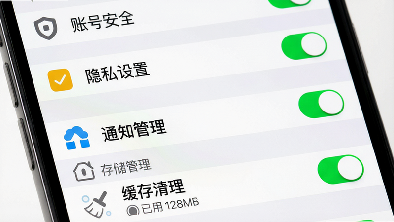 主体:手机屏幕上显示求友App的设置页面,高亮显示“权限管理”和“缓存清理”选项;布局:页面列表形式,从上到下依次是账号安全、隐私设置、通知管理、存储管理;排版:每个选项带图标和开关按钮,存储管理显示“已用 128MB”字样;风格:iOS风格设置页,白色背景,灰色分割线;细节:开关按钮为绿色,文本清晰;画质:高清,干净,无多余元素