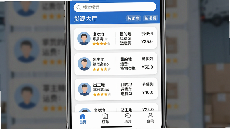 主体为一张手机界面截图,显示亿起拉的“货源大厅”列表,每条货源包含出发地、目的地、运费和货物类型。布局:列表从上到下,每条信息用卡片分隔,左侧有货主头像和星级评分。排版:卡片式布局,圆角边框,字体清晰。风格:简洁商务,蓝色主调。细节:界面顶部有搜索框和筛选标签(“按距离”“按运费”),底部导航栏有“首页”“订单”“消息”“我的”。画质:超清,无多余元素。