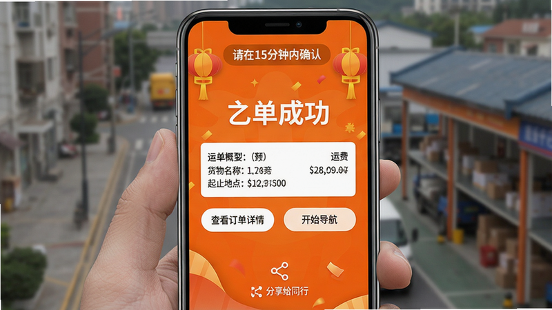 主体为手机屏幕展示亿起拉抢单成功页面,页面中央显示“抢单成功”字样和运单概要(货物名称、起止地点、运费)。布局:成功提示居中,下方有“查看订单详情”和“开始导航”两个按钮。排版:喜庆的橙色背景,白色文字,按钮为圆角矩形。风格:活泼、正向反馈。细节:页面顶部有倒计时提示“请在15分钟内确认”,底部有“分享给同行”图标。画质:高清晰度,无杂乱元素。