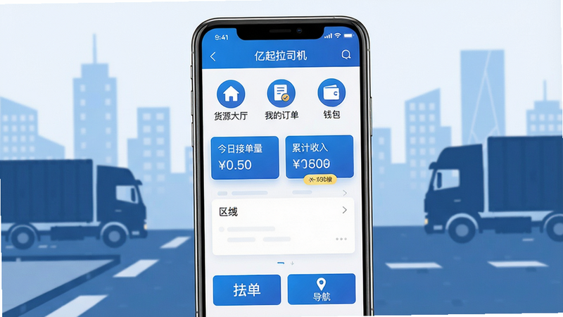 主体为一部智能手机屏幕显示亿起拉司机端主界面,界面上有“货源大厅”“我的订单”“钱包”等图标,背景是城市道路与货车剪影。布局:手机居中,界面内容清晰可辨。排版:简洁干净,UI风格扁平化,色彩以蓝色和白色为主。风格:科技感、专业运输平台。细节:屏幕中显示“今日接单量”“累计收入”等数据卡片,手机下方有“抢单”“导航”按钮。画质:8K超清,干净无多余元素。